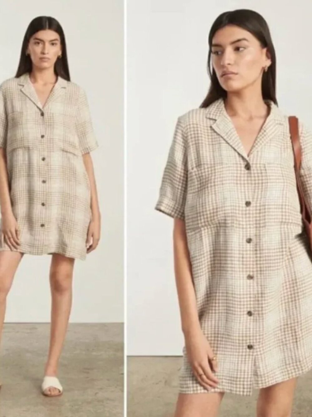 Everlane Brown & White Plaid Short Sleeve Linen Button Up Shirt Dress | Size XS